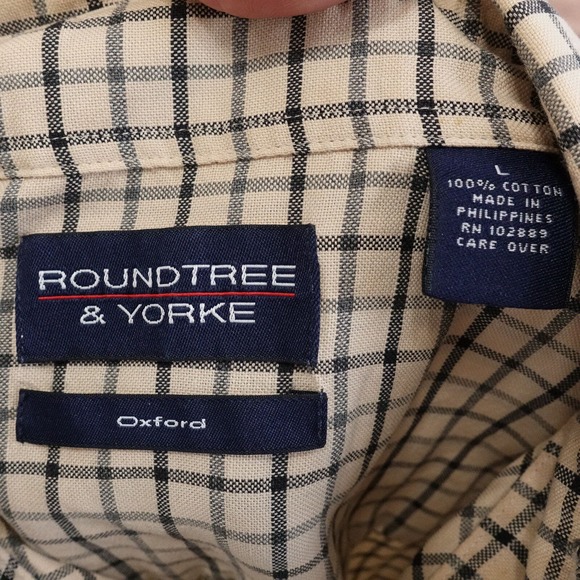 ROUNDTREE & YORKE OXFORD BEIGE CHECK BUTTON DOWN SHIRT MENS SIZE L LARGE - Picture 7 of 7